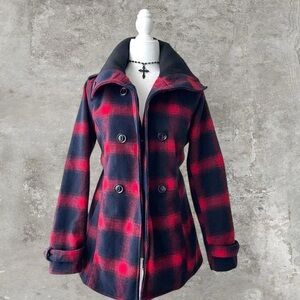 Funnel Neck Red and Black Plaid Button Up Pea Coat Size Large